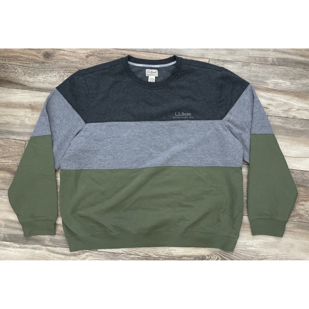 LL Bean Sweatshirt Mens XXL Reg Green Gray Colorblock 1912 Crewneck‎ Outdoors